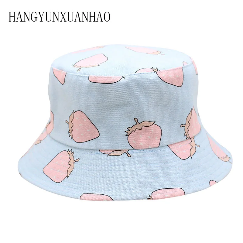

2019 Two Side Reversible Strawberry Bucket hat for Women Fisherman hat Fruit Panama bob hat Summer Sunscreen