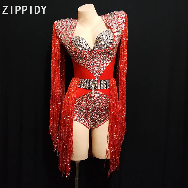 

Blue Red Big Rhinestones Tassel Bodysuit Bra Women's Birthday Celebrate Outfit DJ Women Singer Show Nightclub Costume Clothes