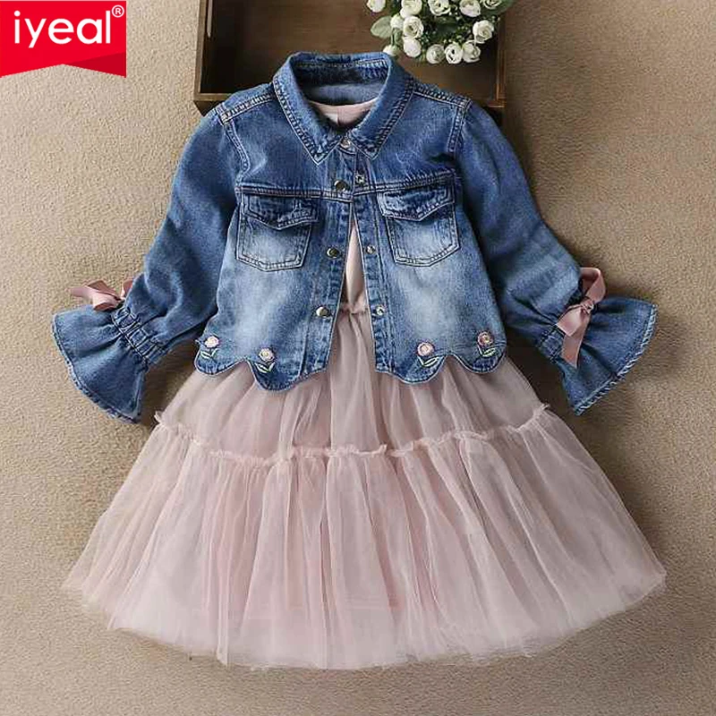 Купи IYEAL Newest Spring Autumn Baby Girls Clothes Sets Denim Jacket+TUTU Dress 2 PCS Kids Suits Infant Children Clothing Set за 1,791 рублей в магазине AliExpress