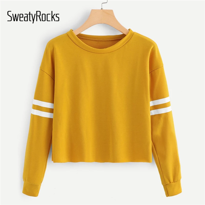 SweatyRocks, имбирь, спортивный, контрастный, полосатый, длинный рукав, круглый вырез, короткий свитер,, осень, повседневные женские толстовки