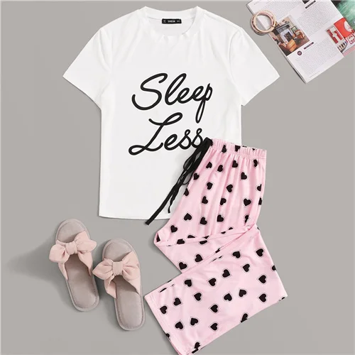 White tee SHEIN Топ С Текстовым Принтом И Брюки С Поясом Пижама Женские Весенние Многоцветные Повседневные Комплекты Пижамы - Цвет: White tee