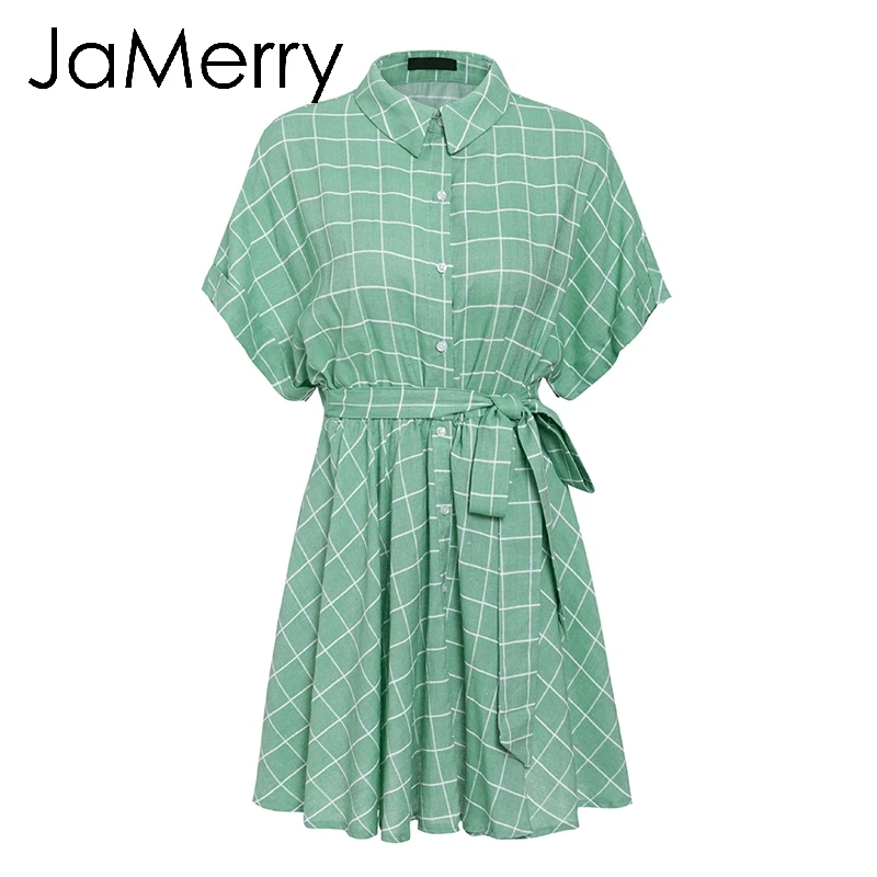 Light Green JaMerry, винтажное, элегантное, в клетку, с поясом, женское платье, короткий рукав, ТРАПЕЦИЕВИДНОЕ, повседневное, уличная одежда, женское, короткое платье, на пуговицах, летнее платье - Цвет: Light Green