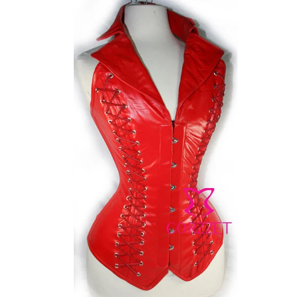 Red Faux Leather  Lace Up Back Steel Boned Goth Steampunk Collar Corset Bustier Top Women Burlesque Corselete Corselet Corpete