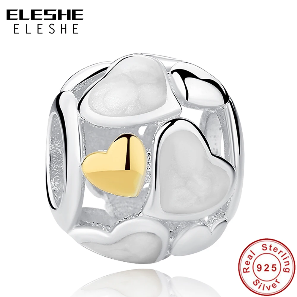 

ELESHE 925 Sterling Silver Gold Bead White Enamel Heart Charm for Women fit Original Charm Bracelets DIY Jewelry Accessories