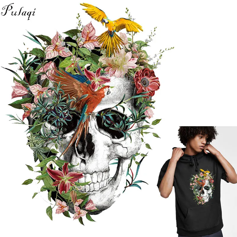 

Pulaqi Punk Skull Rose Flower Decoration Patches DIY Iron-On Transfers Clothes Patches Thermal Transfer For Clothing Stickers F