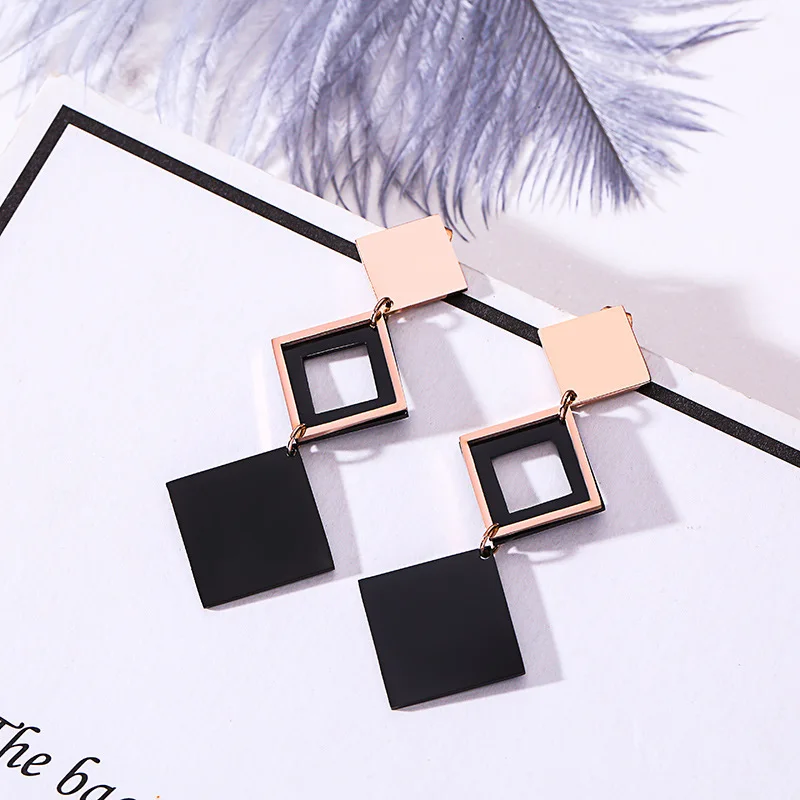Luxury Stainless Steel Earrings Rose Gold Black Color Jewelry Fashion Female Bricons Wedding Long Big Drop For Women | Украшения и