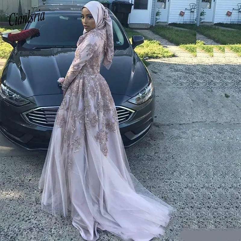 

Modest Muslim Applique Beads Evening Dresses Long Sleeves Saudi Arabia Vestidos De Festa Long Party Dress Prom Formal Gowns