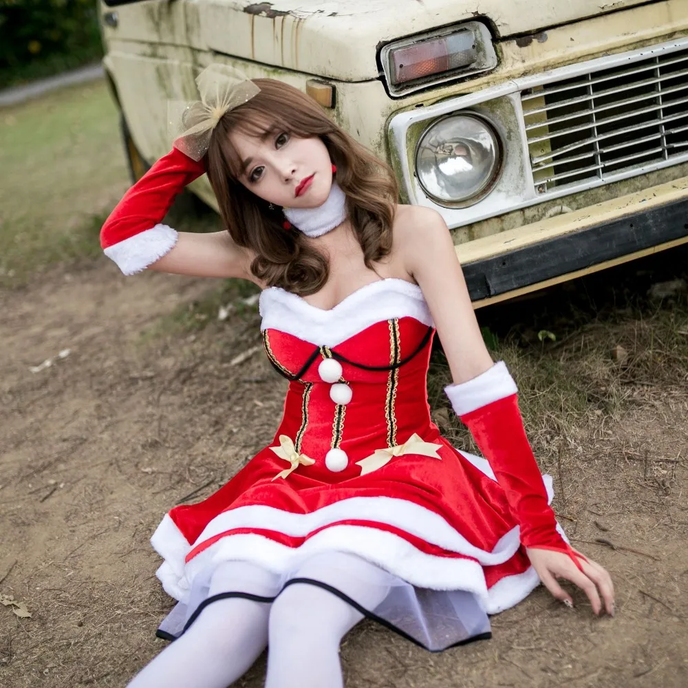 

Sexy Christmas Costumes For Women Princess Cosplay Santa Claus Bar Performance Party Uniform Red Strapless Backless Fancy Dress