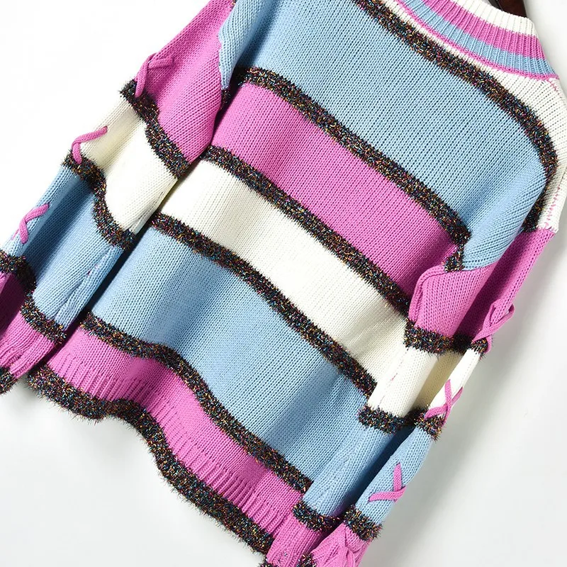 Colors Striped Oversized Sweaters 2018 Winter Glitter Lazy Long Sleeve Lace Up V Neck Pullover Loose Women's Sweater Trui Dames | Женская