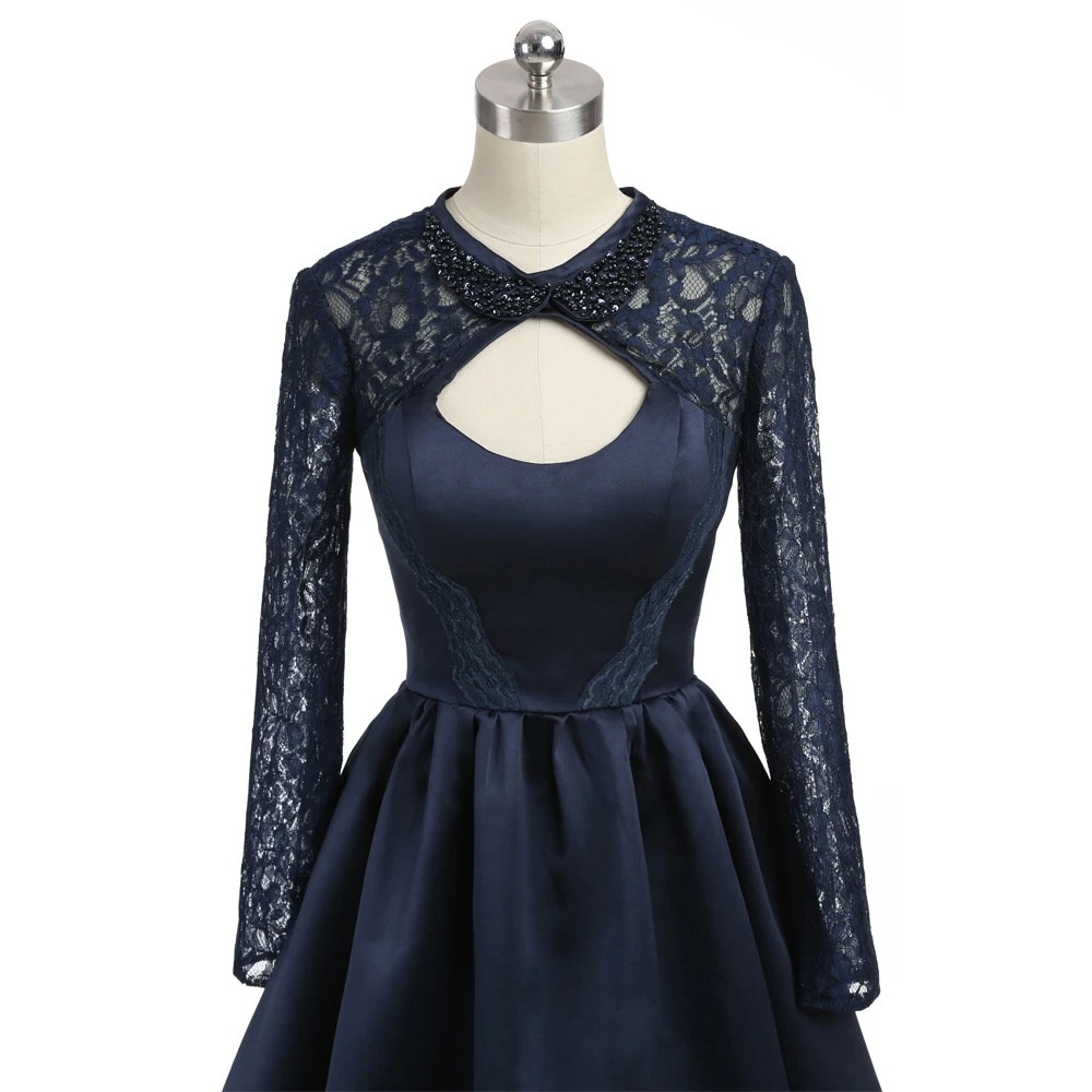 Темно-синие блестящие атласные коктейльные платья а-силуэта с длинными рукавами