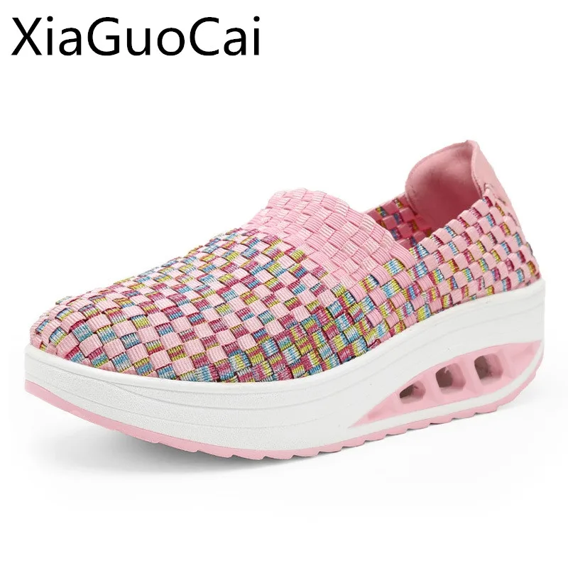

XiaGuoCai Slip-on 2017 Summer Women Thick Heels Platform Casual Shoes Colorful Beautiful Height Increasing Casual Shoes for Wome