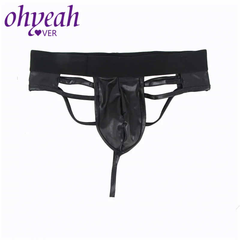 

Ohyeahlover Plus Size Thong Men Panties Gay Underwear Leather Tanga Low-Rise G String Homme Black Panty Sexy Jockstrap XL MPM062
