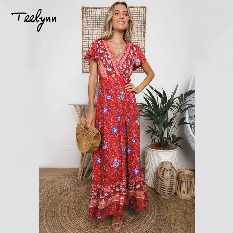 TEELYNN длинное платье для weomen фиолетовое с цветочным принтом сексуальное глубоким v
