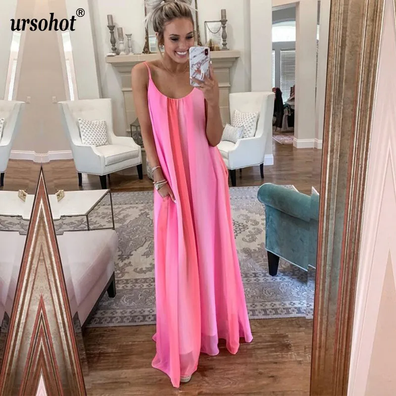 Ursohot Спагетти ремень пляжное платье макси для женщин Лето 2019 г. боковой карман
