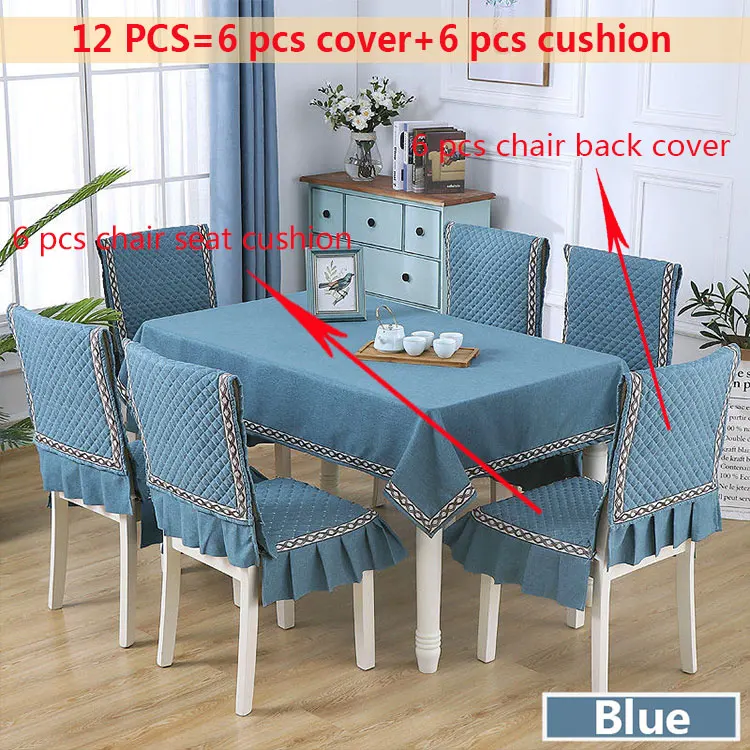 Blue 12pcs Простой стиль льняная скатерть противоскользящая крышка стула подушка для столовой Пыленепроницаемая скатерть 130*180/150*200 см крышка стола - Color: Blue 12pcs