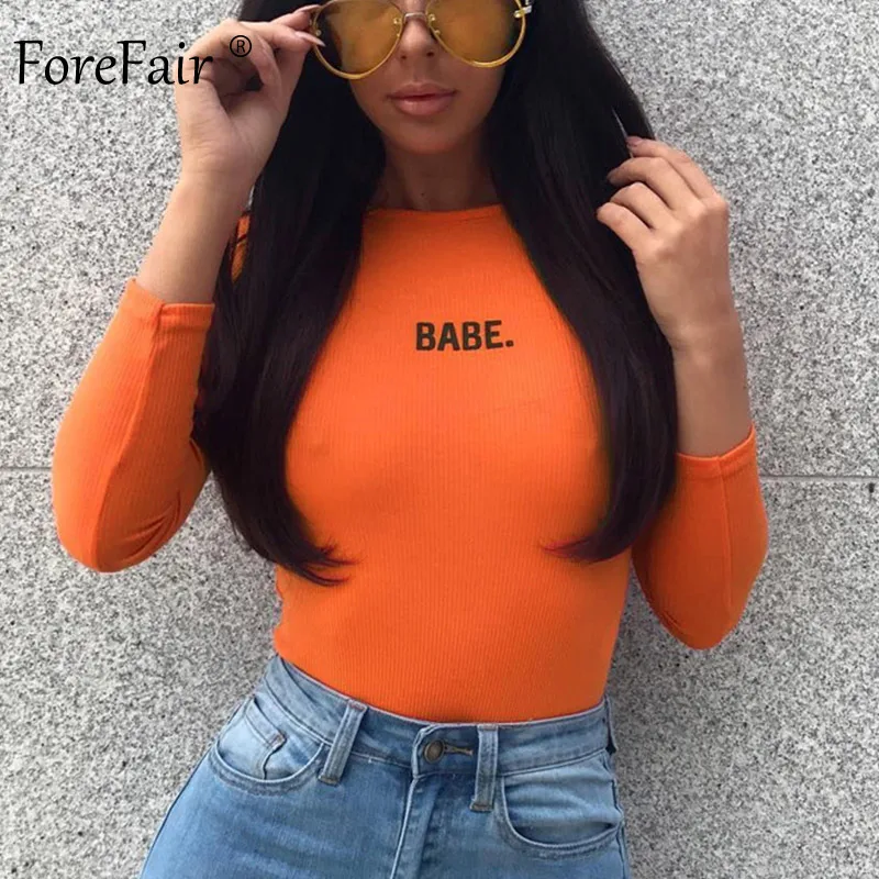 Forefair футболка с надписью, с длинными рукавами, боди с резинкой пикантные осень-зима модные оранжевые черный, белый цвет Повседневное скинни с круглым вырезом тела - Цвет: Orange Bodysuit