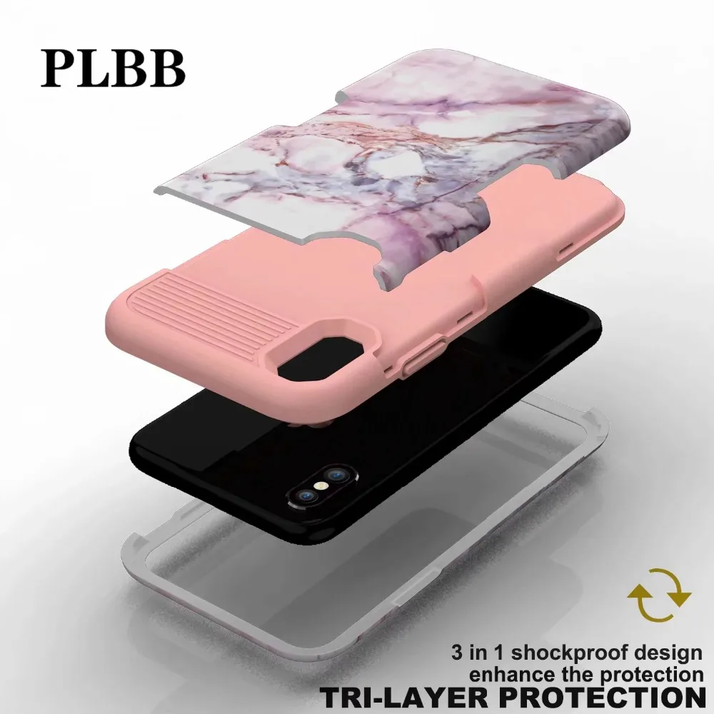 PLBB трехслойный сверхмощный защитный розовый мраморный чехол для телефона iPhone X XR