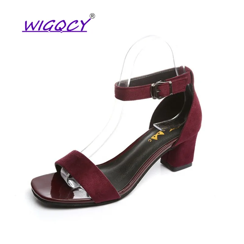 Open toe Square heel High Suede sandals women 2019 new summer shoes woman temperament Flock Buckle ladies female | Обувь