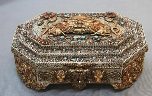 

xd 003367 Tibet Old Silver Copper Gold Gilt inlay Turquoise Coral Garuda Case Jewelry Box