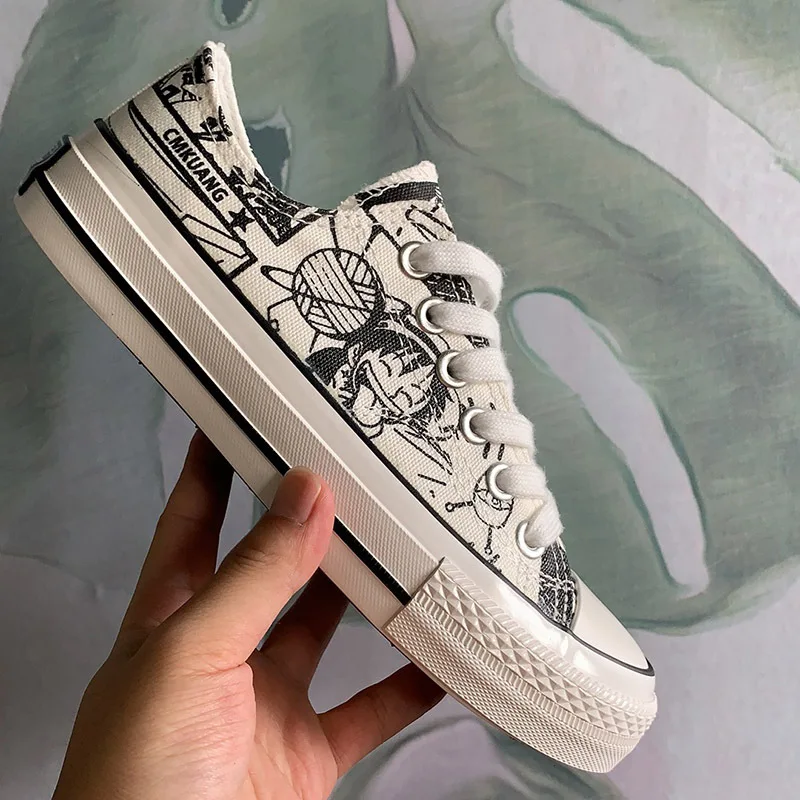 ZDW women's shoes fashion breathable vulcanized hand-painted printing low canvas wild cartoon graffiti white | Обувь