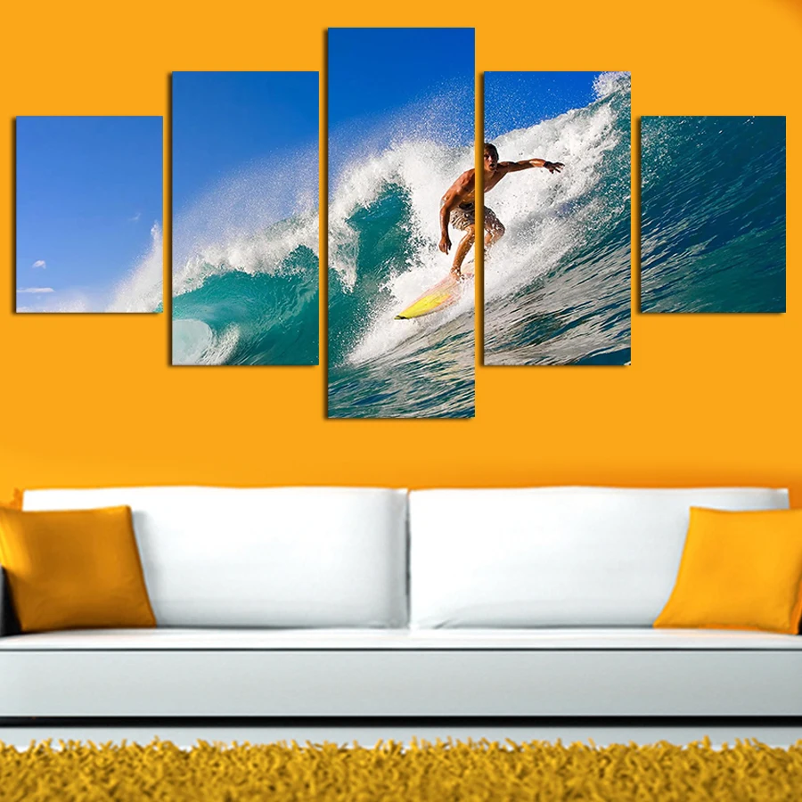 

2017 Real Limited Modern 5 Panels Painting Canvas Wall Art Cuadros Cool Surfing Paintings On For Home Decorations Decor
