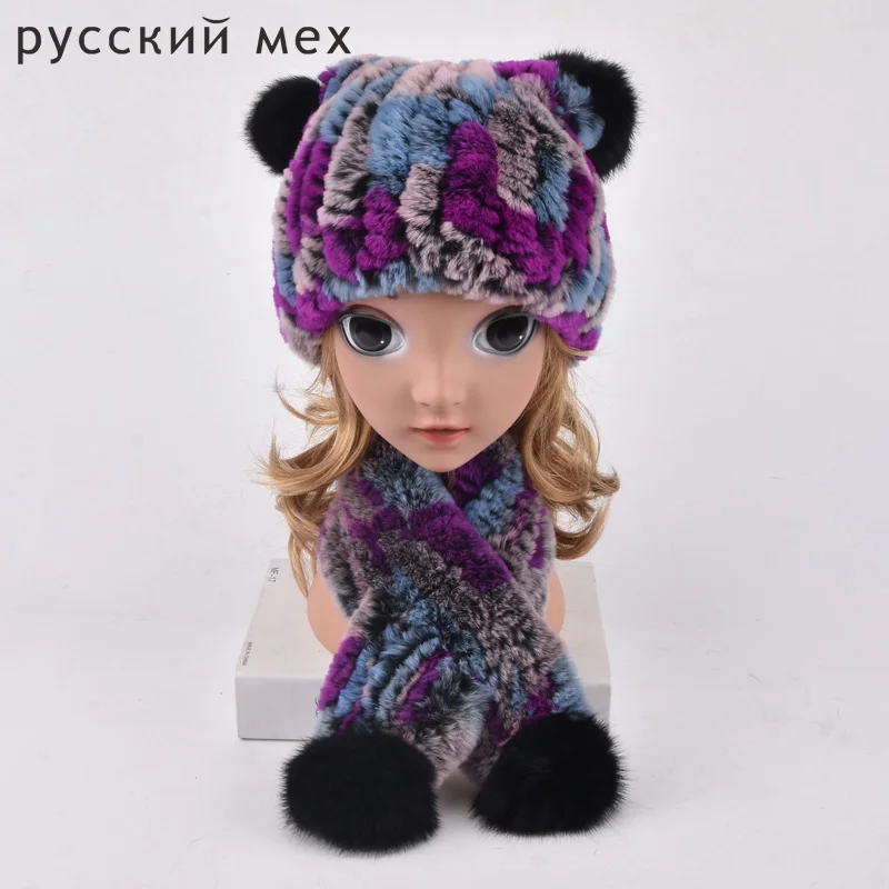 

Зимние меховые шапки для девочек, шапка-Охотник из натурального меха кролика рекс с шариками, детская вязаная шапка с помпоном, шапочки ручной вязки, шарф-кольцо