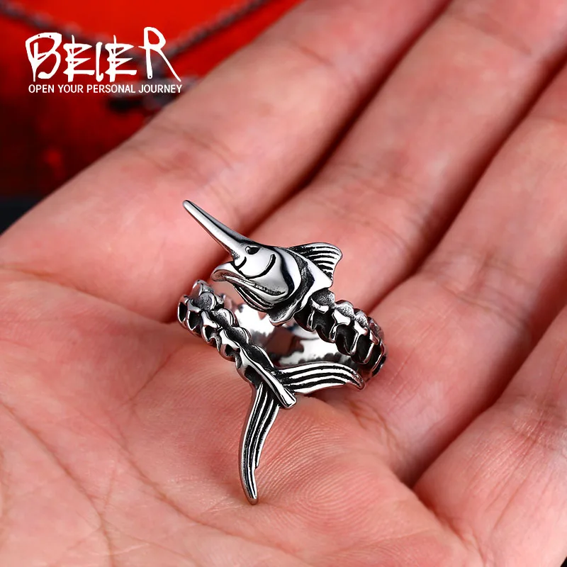Beier 316L Stainless Steel Realistic gunfish animal for men fashion high quality Punk ring jewelry LR631 | Украшения и аксессуары