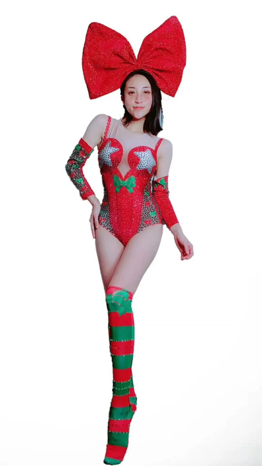 Women New Christmas Costume Red Sexy Bodysuit 3D Printed Shiny Rhinestones Outfit Show Bodysuit Group Performance Outfit S