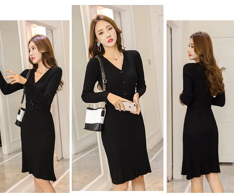 New Autumn Winter Bodycon Knitted Dress Women Long Sleeve Sexy V Neck Belt Knee Length Casual Office Lady Sweater Dresses L2460