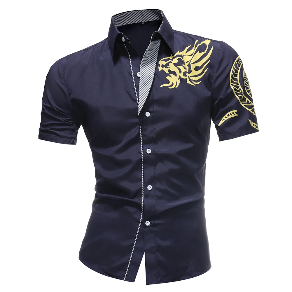Бренд 2018 Новый Дракон печати Мужская конструктор Военная Slim Fit платье рубашка