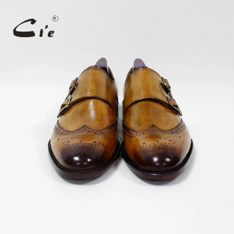 Cie Wingtips медальон ручной работы для мужчин двойной монах ремни телячьей кожи обувь дышащий Блейк/Макей ремесло коричневый с оттенком патины MS-00-16