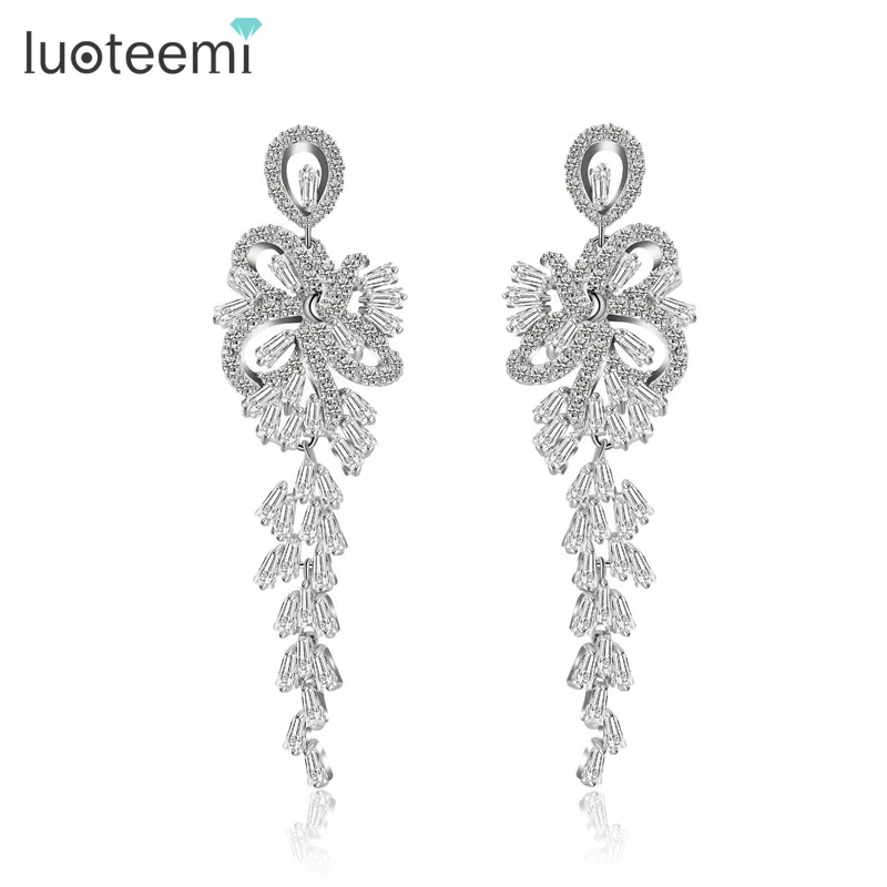 

LUOTEEMI New Arrival Luxury Big Long Flower Pendant Drop Earrings With Shining CZ Brincos Bridal Women Wedding Party Jewelry