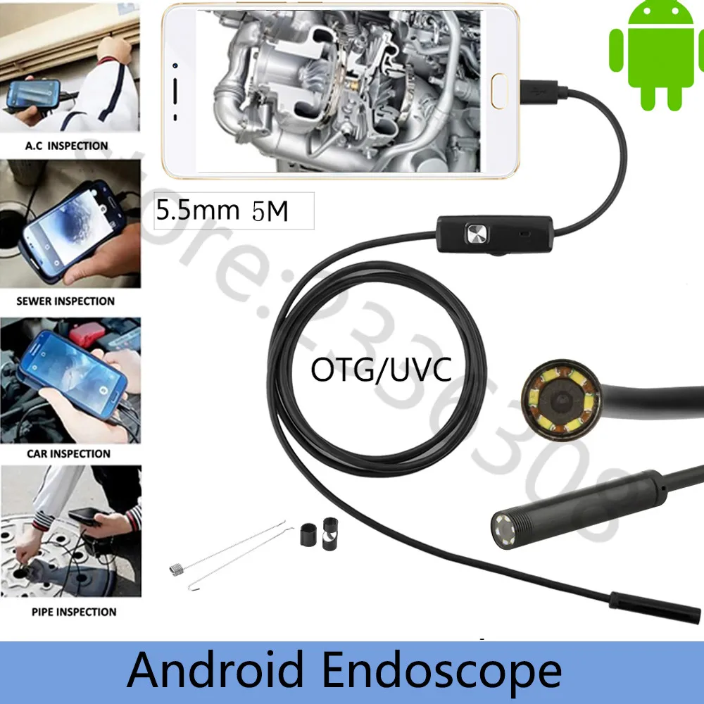 

USB Endoscope Hd 480p Coms 5m 5.5MM Len Waterproof 6 Led Borescope Inspection Tube Visual Camera with OTG Adapter for Smartphone