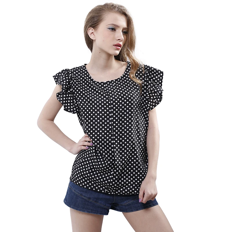 Блузка женская шифоновая в горошек с рукавом бабочкой и круглым вырезом|chiffon