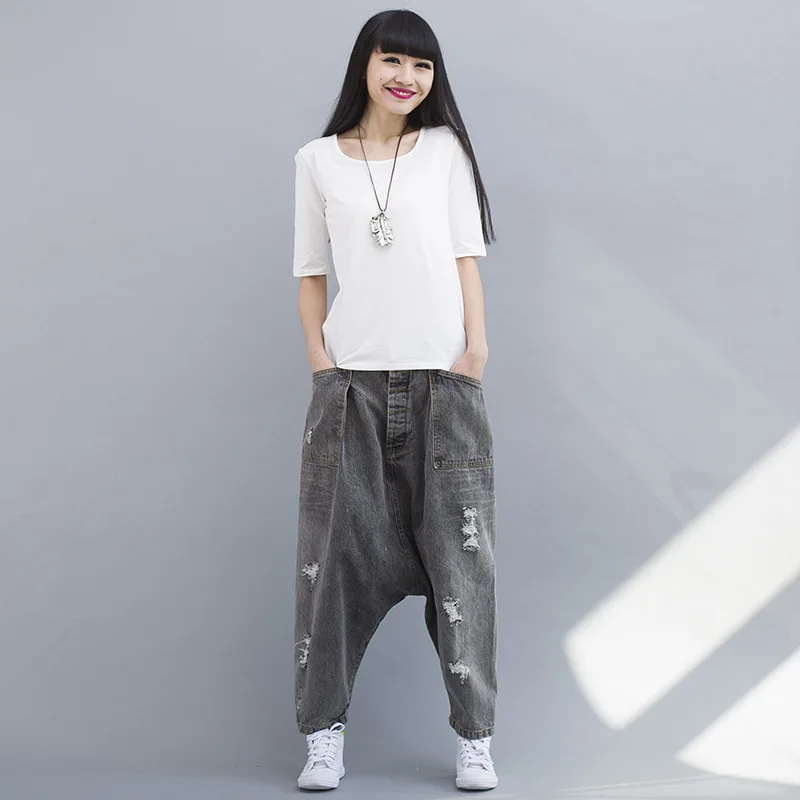 Женские джинсы в стиле хип хоп свободные с дырками разорванный гарем|pants with holes|denim