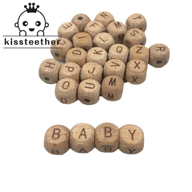 Accesorios de madera para dentici&oacute;n, cuentas de letras de madera de haya cuadradas de 12mm para dentici&oacute;n, joyer&iacute;a artesanal, cuentas del alfabeto, mordedor para beb&eacute;, 100 Uds.-0