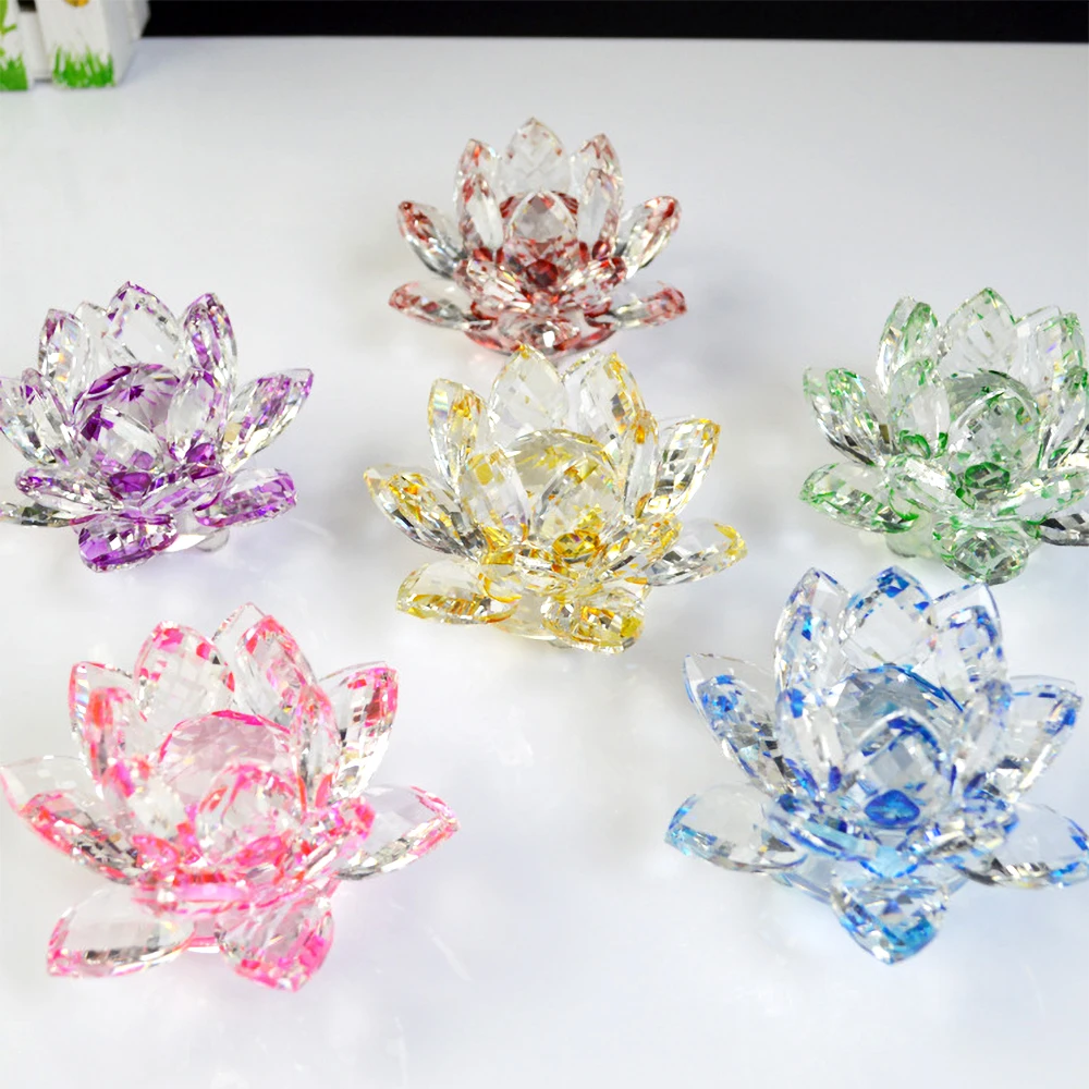 80mm Colorful Crystal Glass Lotus Flower Natural Stones Feng shui Crystal flowers For wedding souvenirs