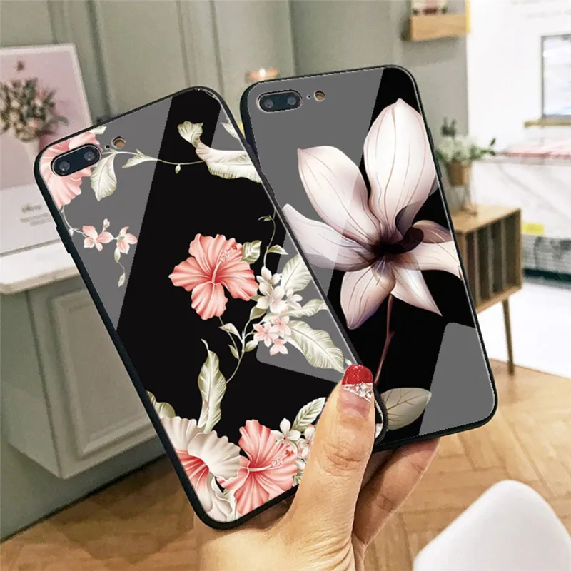 Градиентный чехол для телефона из закаленного стекла с цветком iphone 6 6s Plus 7 8 X XS XR