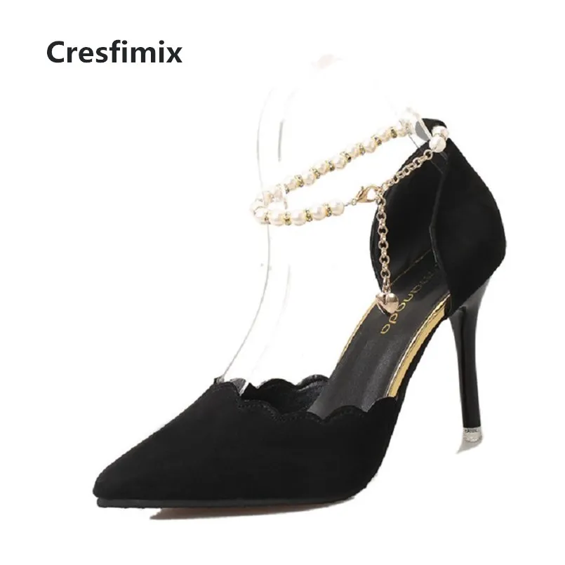 Женские туфли лодочки на высоком каблуке Cresfimix черные с острым носком и пряжкой