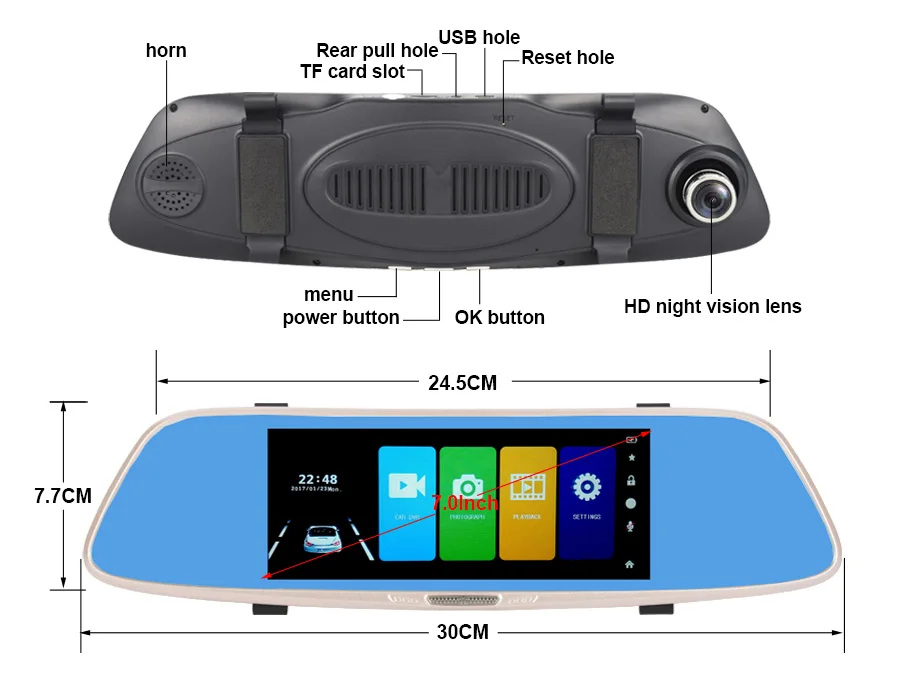 E-ACE Автомобильная dvr камера FHD 1080P 7,0 дюймов сенсорный зеркальный видеорегистратор двойной объектив с камерой заднего вида авто регистратор видеорегистратор