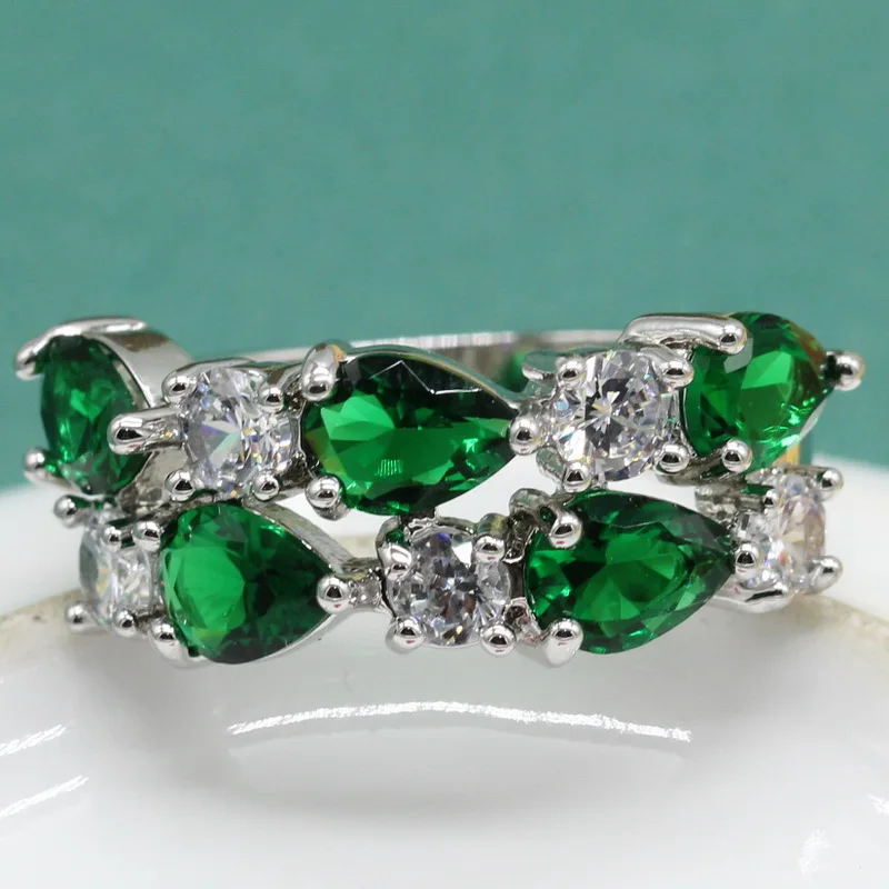 Classic Water Drop Green Zircon 925 Silver Jewelry Sets for Women Necklace Pendant Rings Clip Earrings Bracelet Free Box | Украшения и