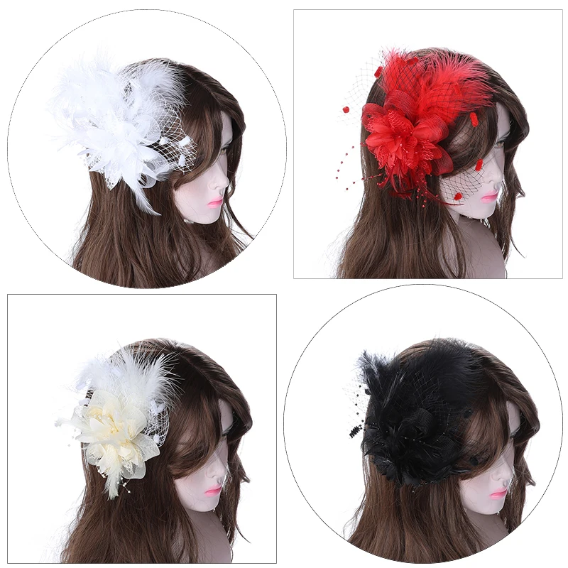 Haimeikang Women Elegant Fascinator Hat Hair Clips Flower Feather Mesh Yarn Cocktail Party Wedding Hair Accessories images - 6