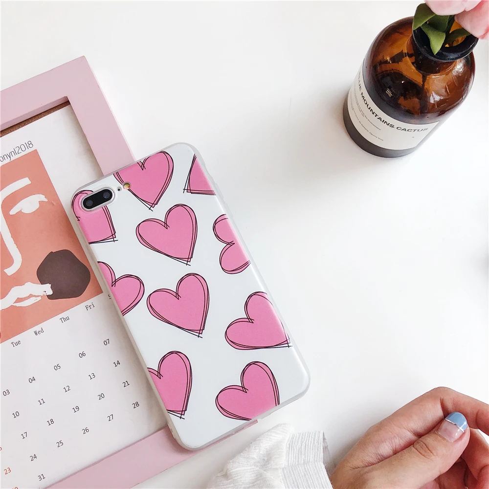 Cases For iPhone 7 Korean Girl Style Love Heart Pink Phone iphone 6S 8 Plus X Matte IMD Soft Silicone Back Cover Funda |