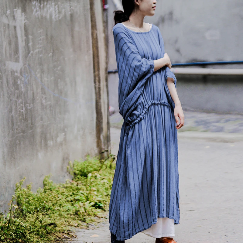 Новинка 2020 женское платье в полоску рукав летучая мышь летнее повседневное