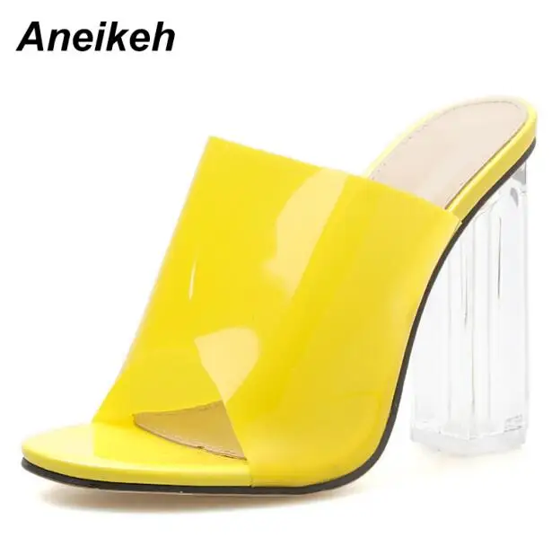yellow Aneikeh/ г.; выразительные тапочки из искусственной кожи на высоком квадратном каблуке; пикантные прозрачные женские туфли-лодочки с круглым носком; цвет желтый, фиолетовый; вечерние Size35-42 - Цвет: yellow
