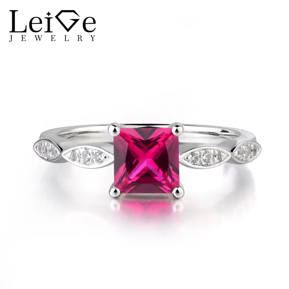 

Leige Jewelry Red Ruby Gemstone Square Cut Prong Setting July Birthstone Rings Romantic Gifts For Woman 925 Sterling Silver