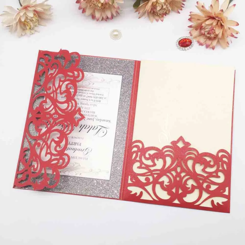

50Pcs/Lot Elegant Pink Color Laser Cut Pearl paper Wedding Invitations Cards Birthday Party Invitations Blessing Greeting Card