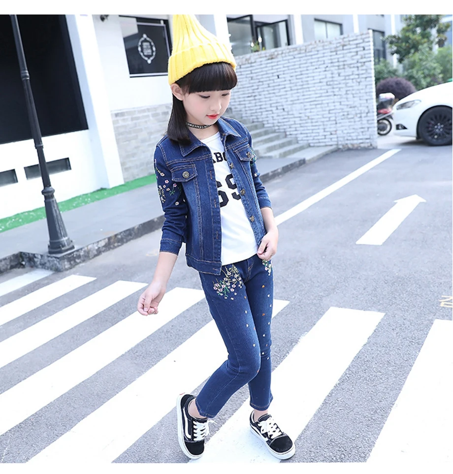 Комплект одежды для девочек, куртка с цветочной вышивкой+ штаны, костюмы из 2 предметов для девочек, осенне-зимняя детская одежда для детей 6, 8, 10, 12, 13, 14 лет
