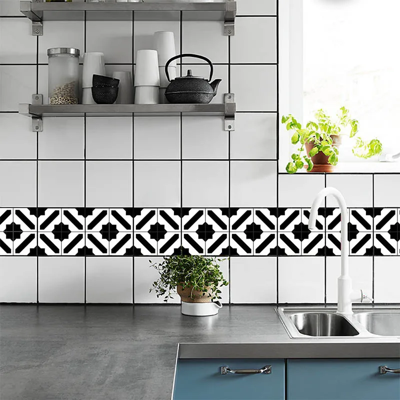 

10pcs Water-proof Wall Sticker Black and White Bedroom Kitchen Decorative Backsplash Wall Paper Thicken Imitative Tile Stickers