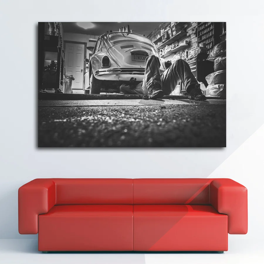 Черный и Белый автомобиля Классический Жук ретро автомобиль Wall Art постер Холст